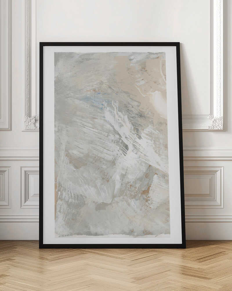 Abstract painting with dynamic brushstrokes in soft, neutral tones of grey, beige, and white. Modern textured wall art.