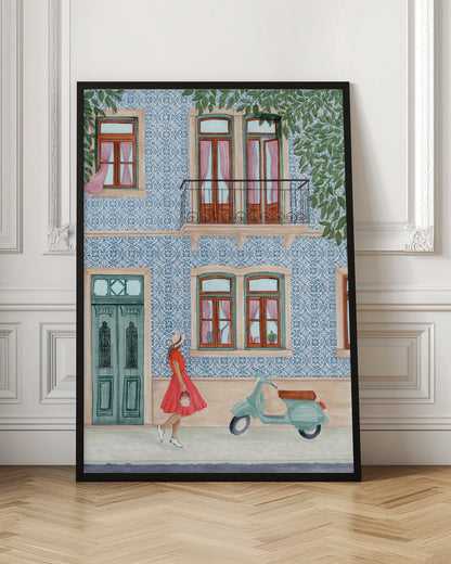 Street Scene with Elegant Woman in Red Dress - Poster / Art Print