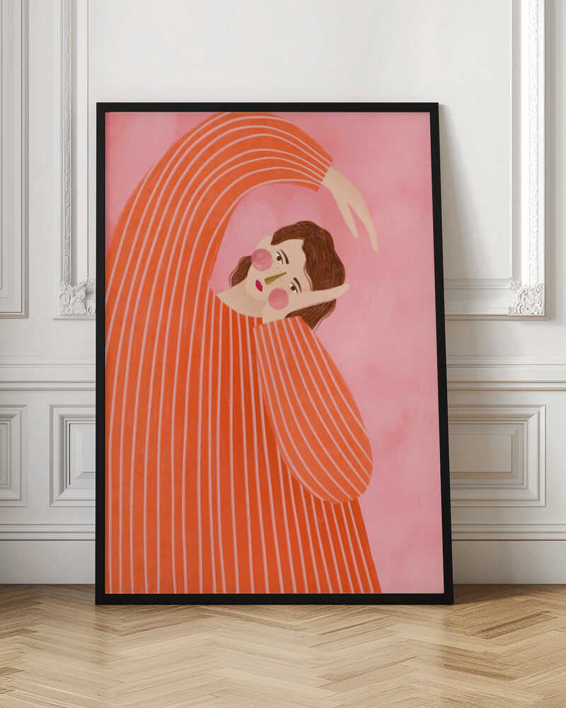 Stylized illustration of a person in a striped orange sweater stretching against a pink background.