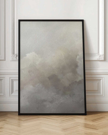 Abstract painting of moody, soft clouds in neutral beige and grey tones.