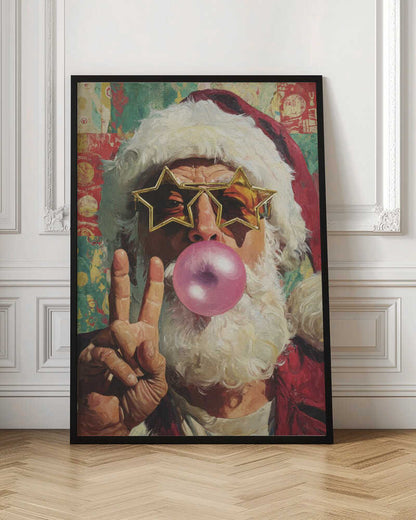 A close-up pop art style painting of Santa Claus wearing large, gold star-shaped sunglasses. He is blowing a big pink bubble with bubblegum and holding up his hand in a peace sign. The background is a colorful, patterned collage. Artwork