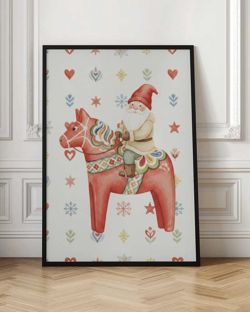 A Christmas illustration of Santa Claus riding a red Scandinavian Dala horse on a patterned background with snowflakes.