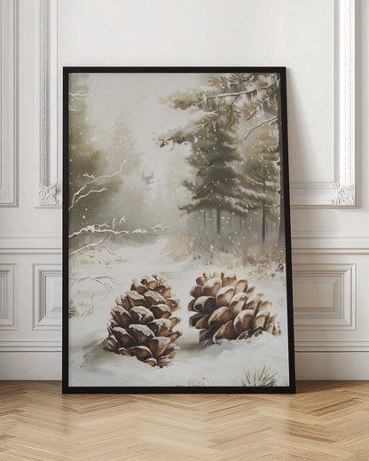 Painting of two large, snow-covered pinecones in a peaceful winter forest during a gentle snowfall.