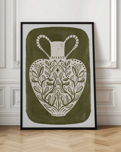 Olive green illustration of a Greek vase, perfect as an art print or poster.