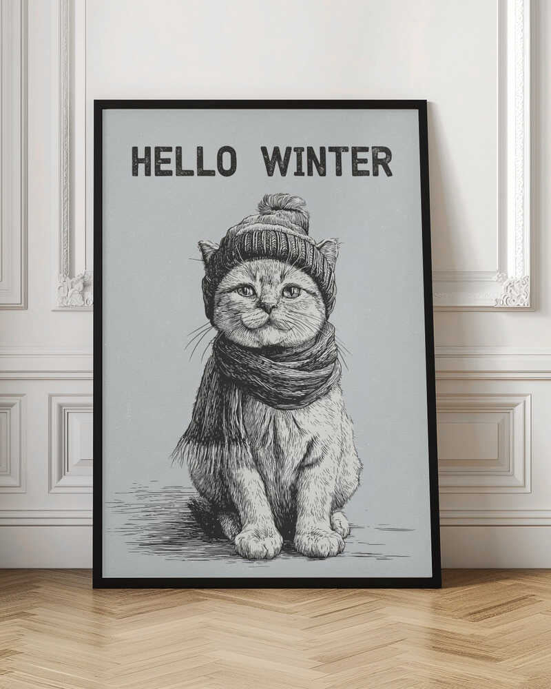 Sketch illustration of a cute cat wearing a winter hat and scarf. 'Hello Winter' quote.