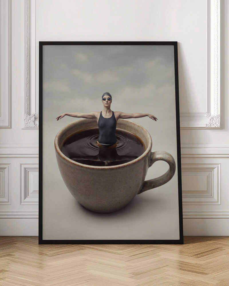 Surreal art print of a woman in a swimsuit swimming in a giant cup of coffee.