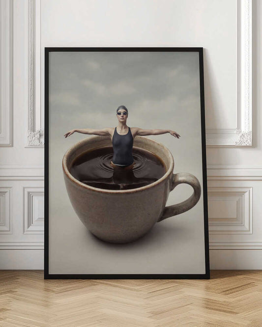 Surreal art print of a woman in a swimsuit swimming in a giant cup of coffee.