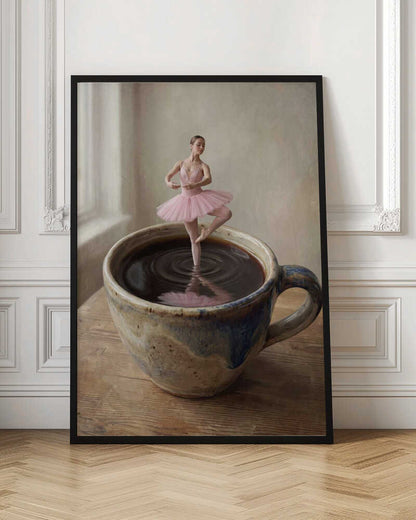 A small ballerina in a pink tutu dances gracefully in a large cup of black coffee.