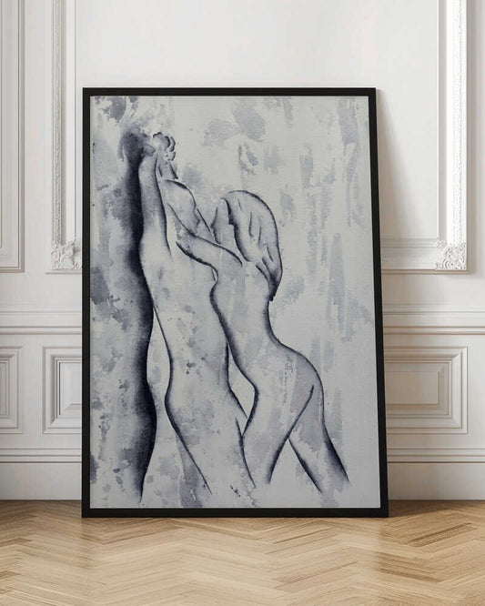 Black and white watercolor painting of an embracing nude couple in a passionate pose, romantic art.