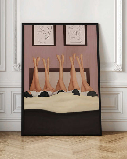 Illustration of several women's legs in the air, relaxing in bed under a duvet in a pink room.