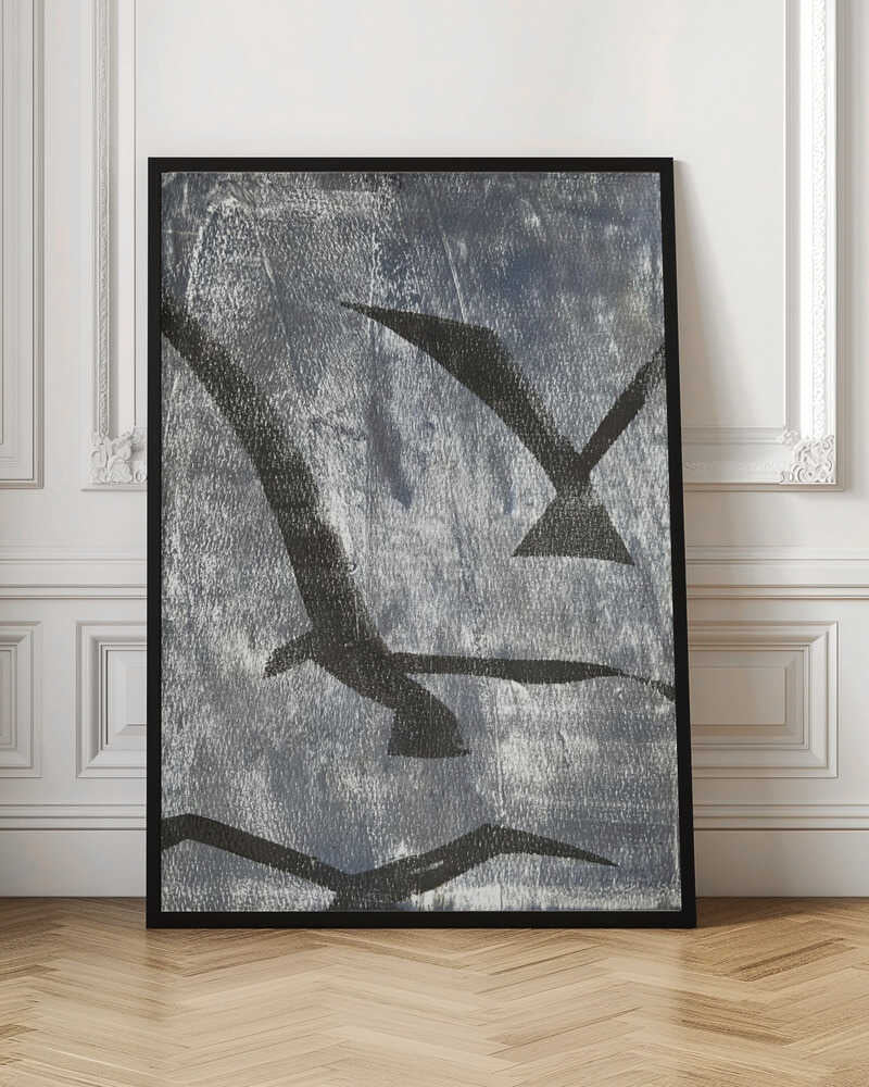Abstract painting of black bird silhouettes flying against a textured silver background, framed wall art.
