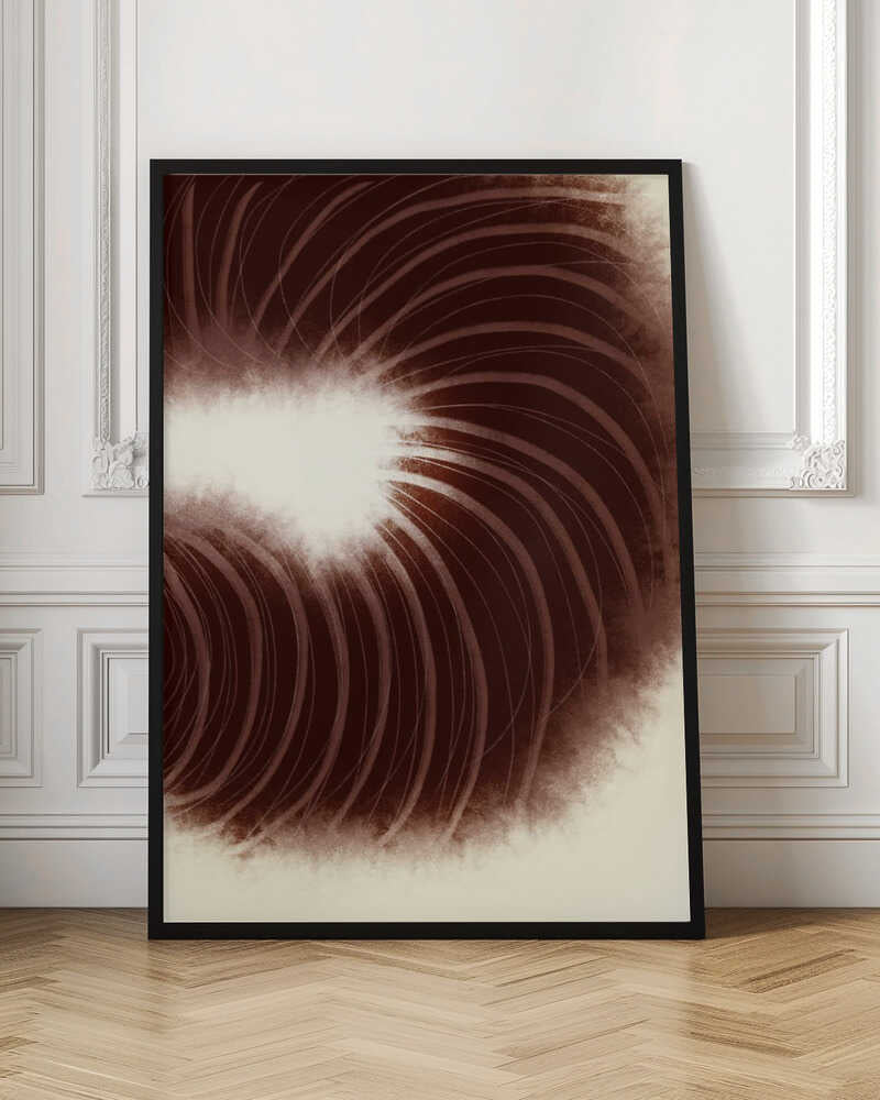 Abstract art with swirling dark brown lines radiating from a soft, bright white center.