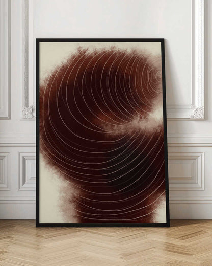 Abstract vortex of fine white lines swirling on a deep, textured brown background.
