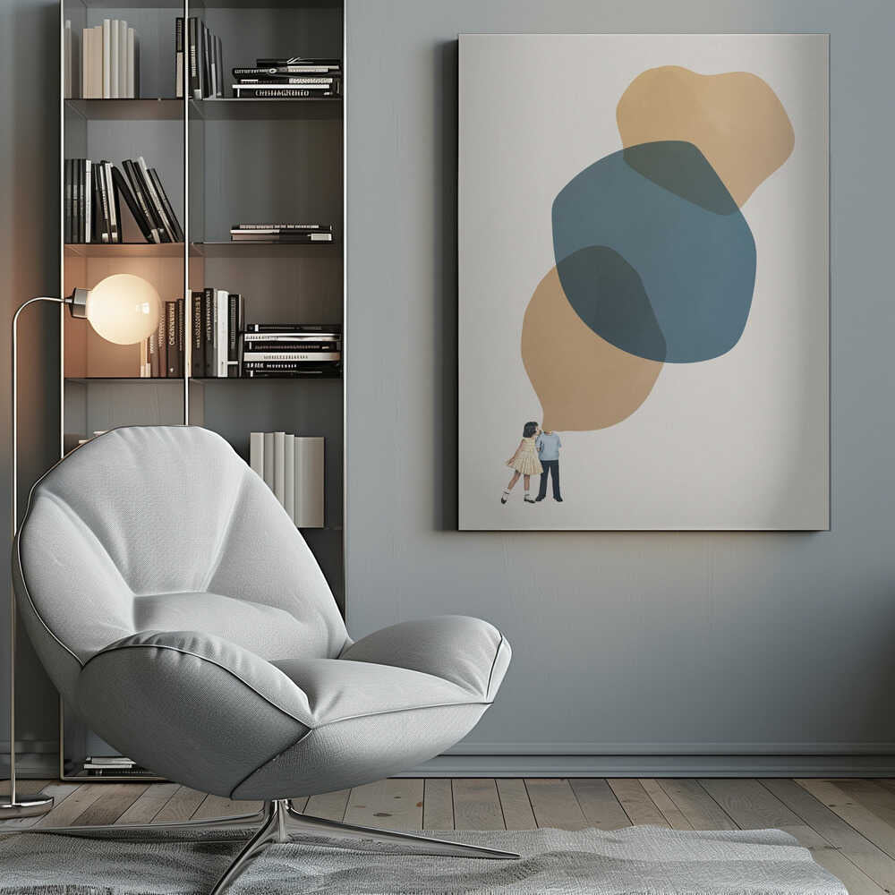 Abstract art with a vintage collage of a kissing couple below large, overlapping blue and beige shapes.