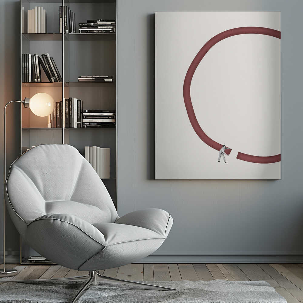 Minimalist collage of a tiny man breaking a large red circle against a cream background.