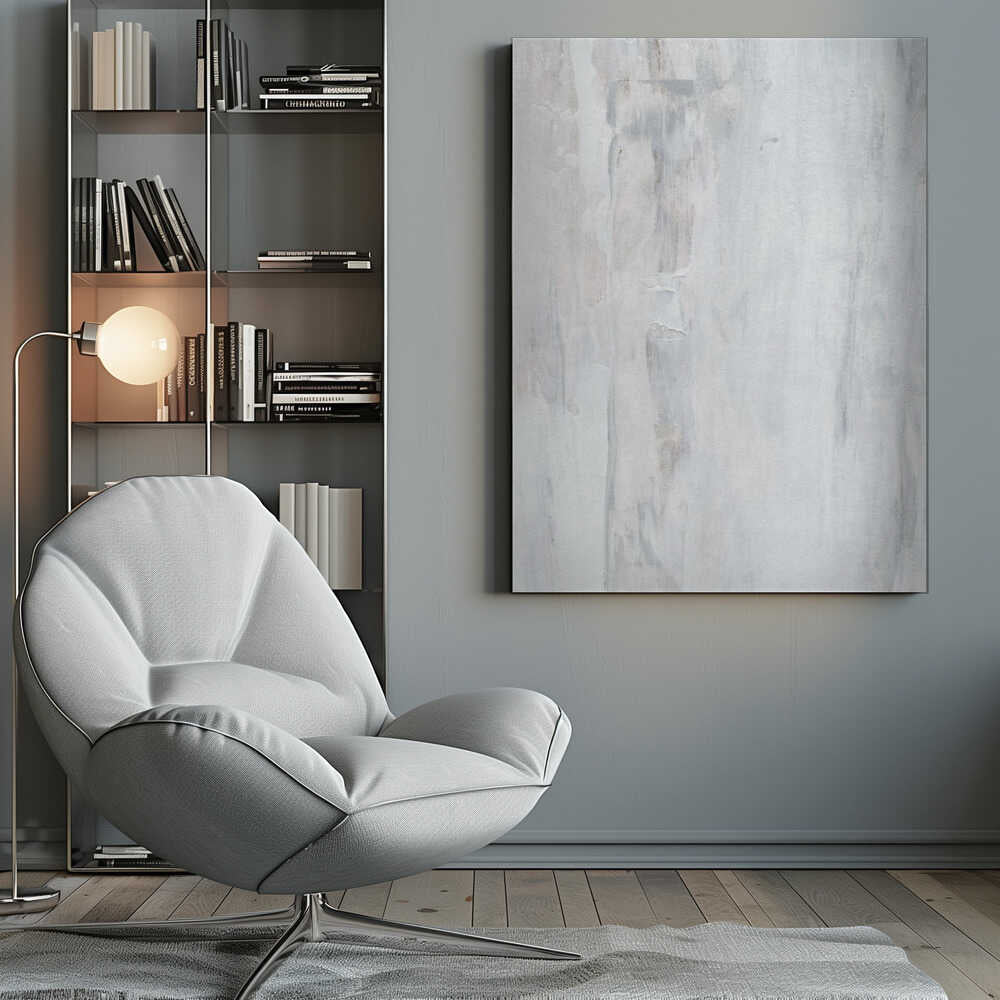 Abstract painting with textured white and grey vertical strokes, creating a distressed, minimalist look.