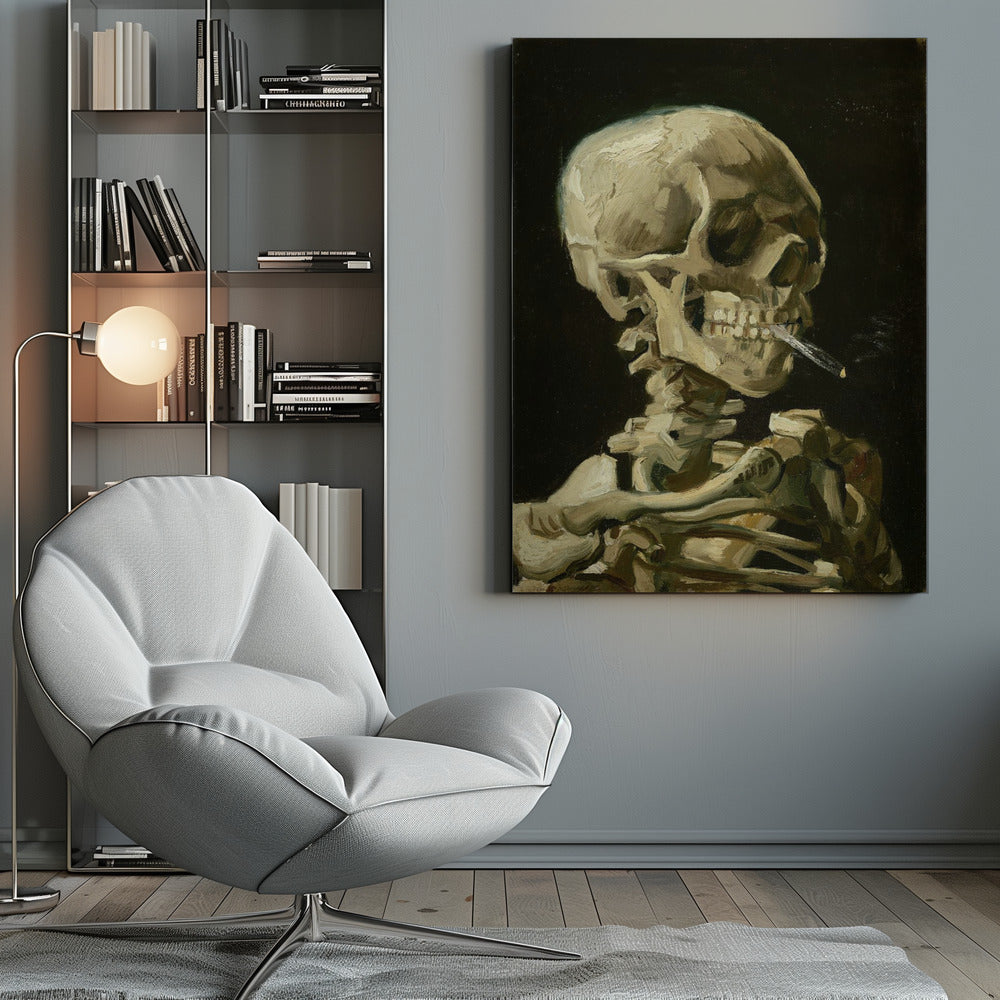 Head of a skeleton with a burning cigarette - Poster / Art Print