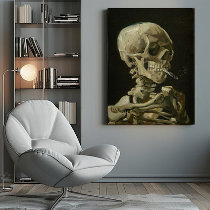 Head of a skeleton with a burning cigarette - Poster / Art Print