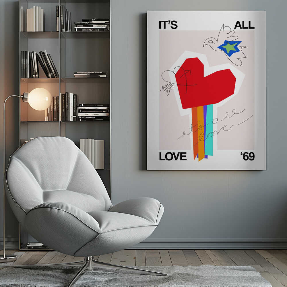 Greige art print with 'It's All Love '69' text and a heart design, ideal as a love poster.