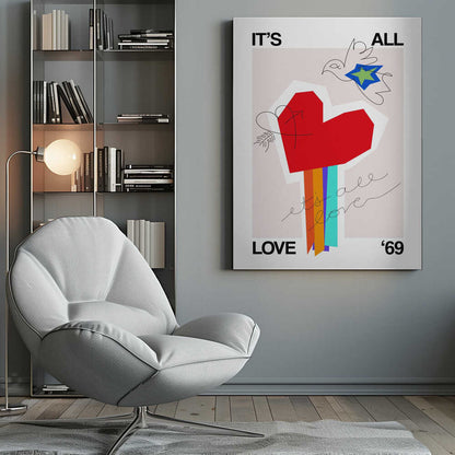 Greige art print with 'It's All Love '69' text and a heart design, ideal as a love poster.