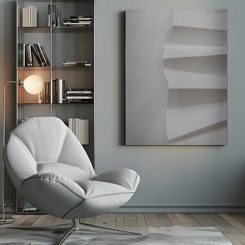 A minimalist composition of folded and torn white paper, showcasing geometric forms and shadows in a black frame.