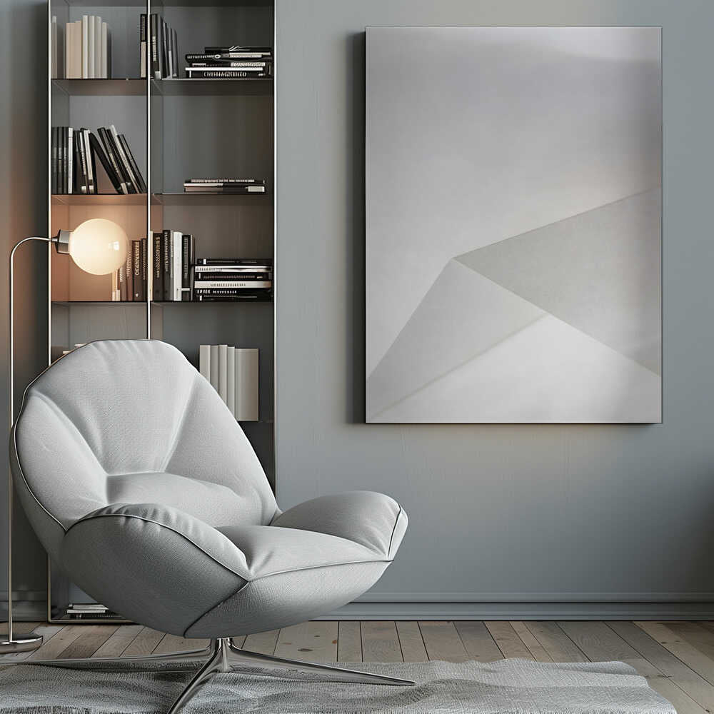 Minimalist abstract art of folded paper creating clean lines and geometric shapes in shades of grey and white.