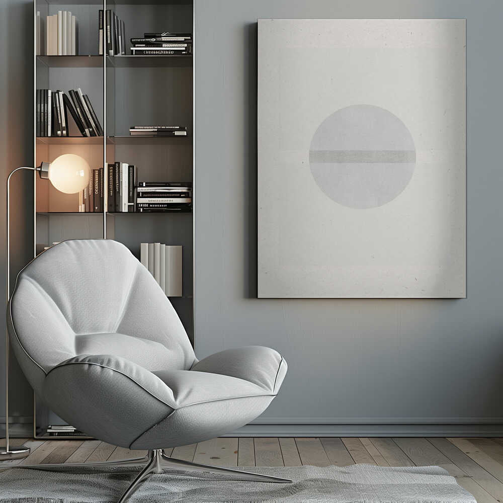 Minimalist geometric art featuring a grey circle crossed by a darker grey stripe on a textured off-white paper.