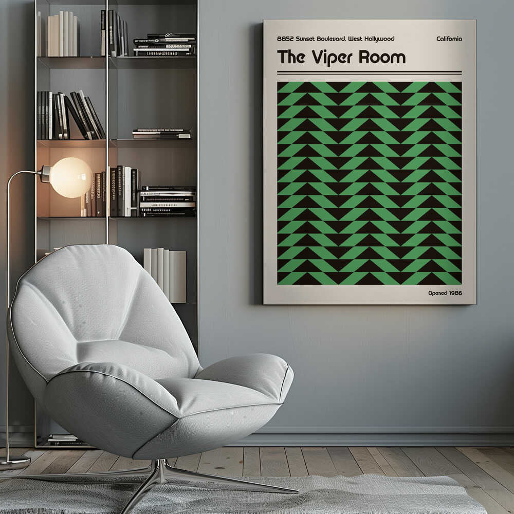 Vintage-style poster for The Viper Room in California, featuring a bold green and black geometric chevron pattern.