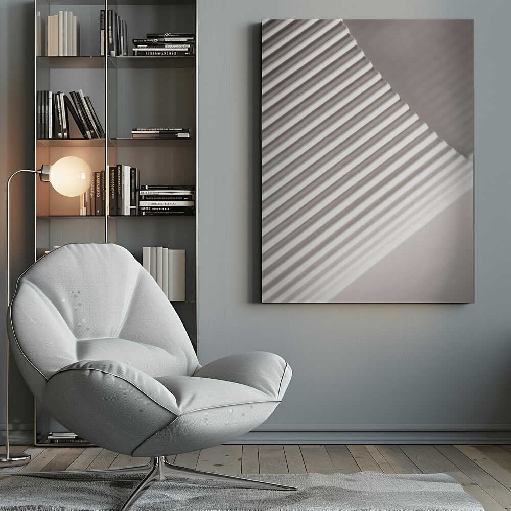 Abstract photograph of a ribbed surface with diagonal lines created by light and shadow, minimalist wall art.