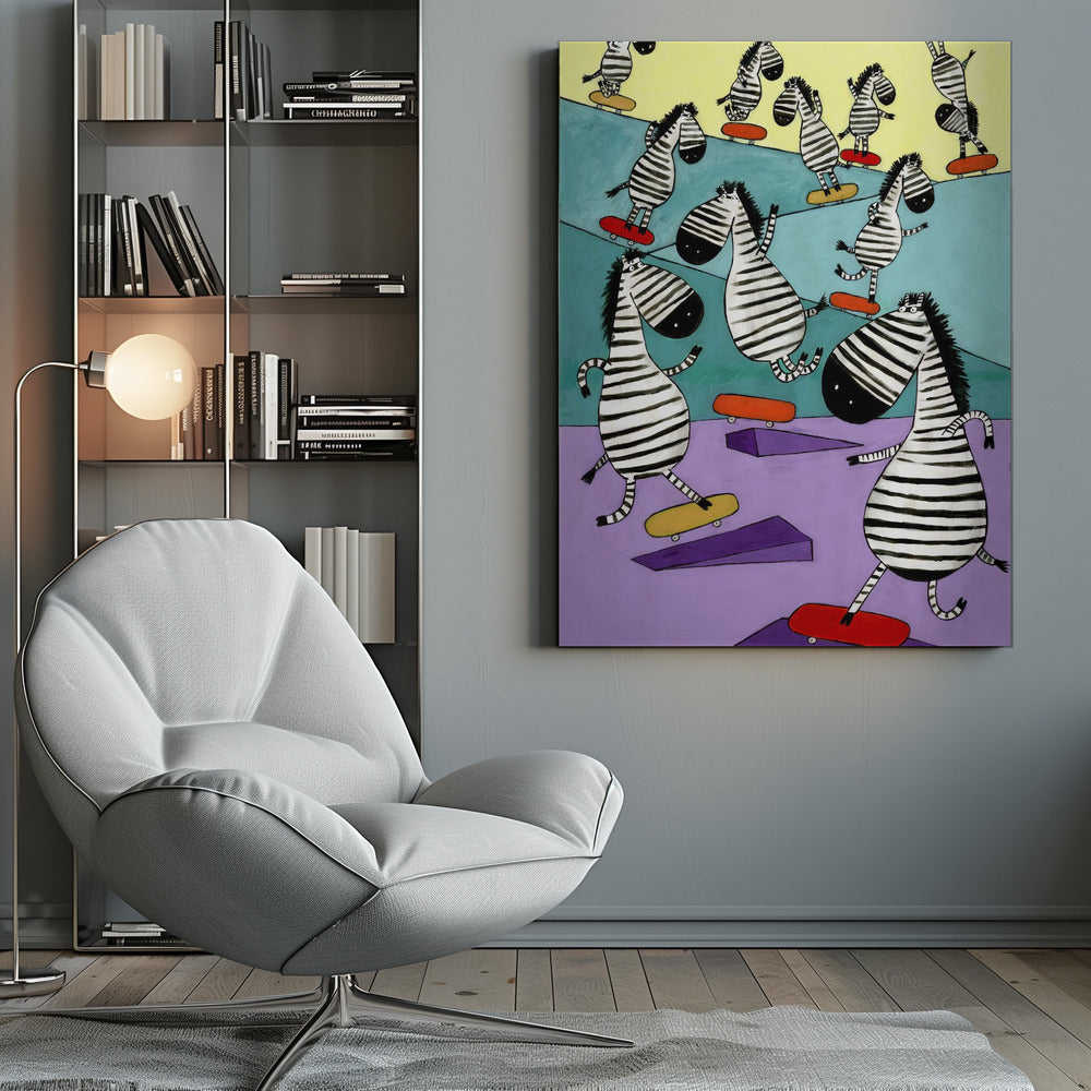 Hilarious Zebras in the Skatepark by Artist Carla Daly - Poster / Art Print
