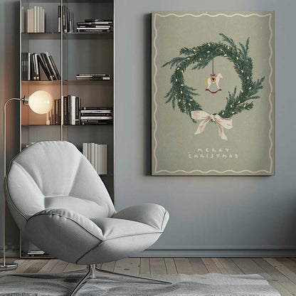 Vintage Christmas poster with an illustrated wreath, rocking horse ornament, and a cream bow on a sage green background.