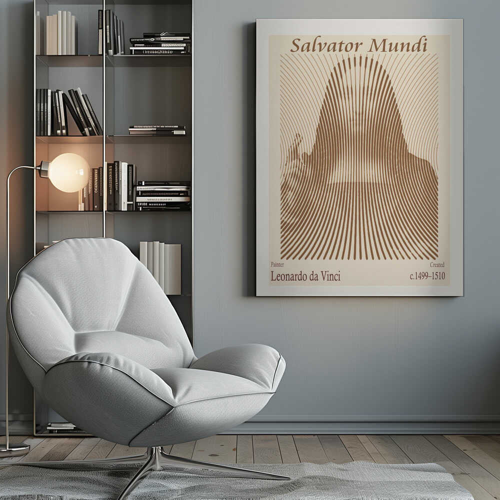 A minimalist poster of Leonardo da Vinci's 'Salvator Mundi', featuring an abstract representation of the figure created with curved brown lines on a cream background. The title is at the top, and the artist's name and creation dates are at the bottom. Decor
