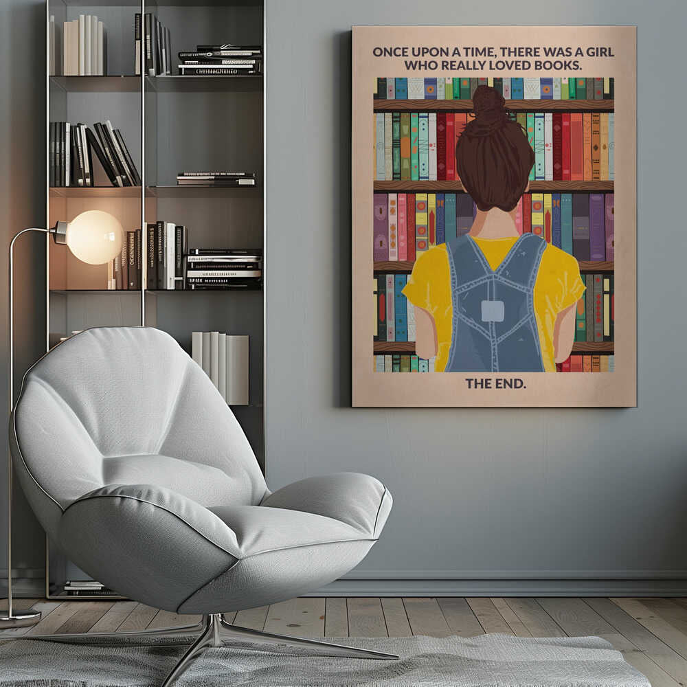 An illustrated poster with a vintage feel, showing the back of a girl with brown hair in a bun, wearing a yellow shirt and blue overalls. She is looking at a tall bookshelf filled with colorful books. Text at the top reads 'ONCE UPON A TIME, THERE WAS A GIRL WHO REALLY LOVED BOOKS.' and text at the bottom reads 'THE END.' The poster is enclosed in a black frame. Artwork