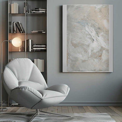 Abstract painting with dynamic brushstrokes in soft, neutral tones of grey, beige, and white. Modern textured wall art.