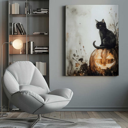 Black Cat and Pumpkin Halloween Scene (2) - Poster / Art Print