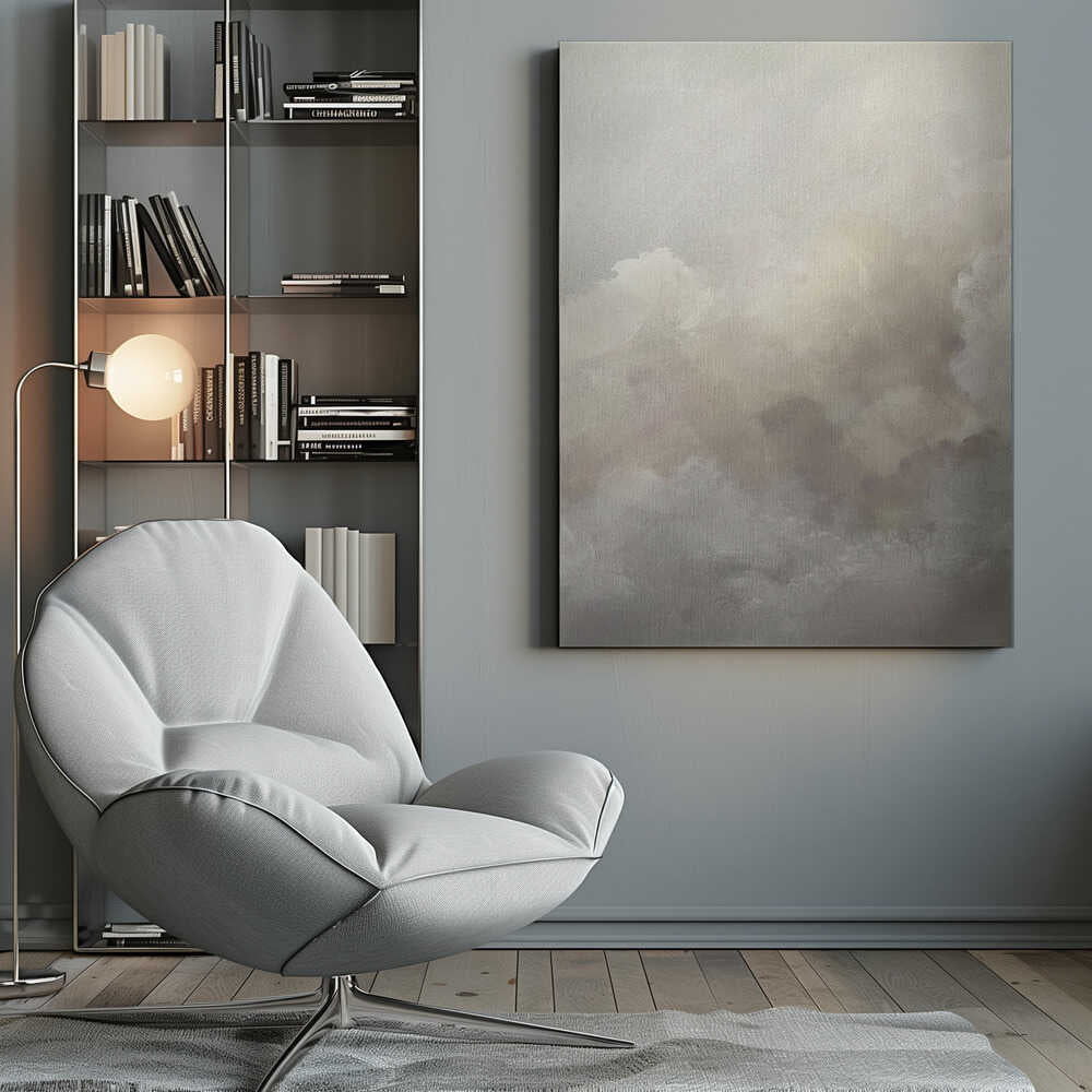 Abstract painting of moody, soft clouds in neutral beige and grey tones.