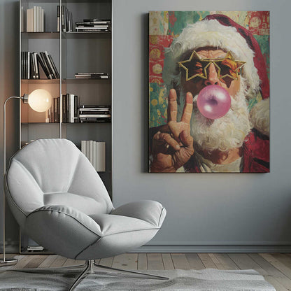 A close-up pop art style painting of Santa Claus wearing large, gold star-shaped sunglasses. He is blowing a big pink bubble with bubblegum and holding up his hand in a peace sign. The background is a colorful, patterned collage. Artwork