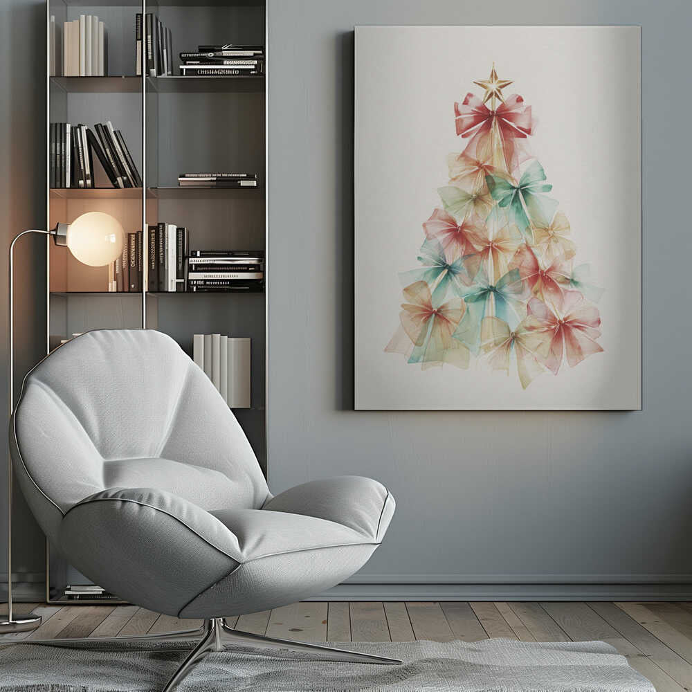 A watercolor illustration of a Christmas tree made entirely of colorful, translucent bows. The bows are in soft shades of red, green, and yellow, and are layered to create the tree's conical shape. A gold star sits on top. The background is a solid off-white, and the artwork is presented in a simple black frame. Print