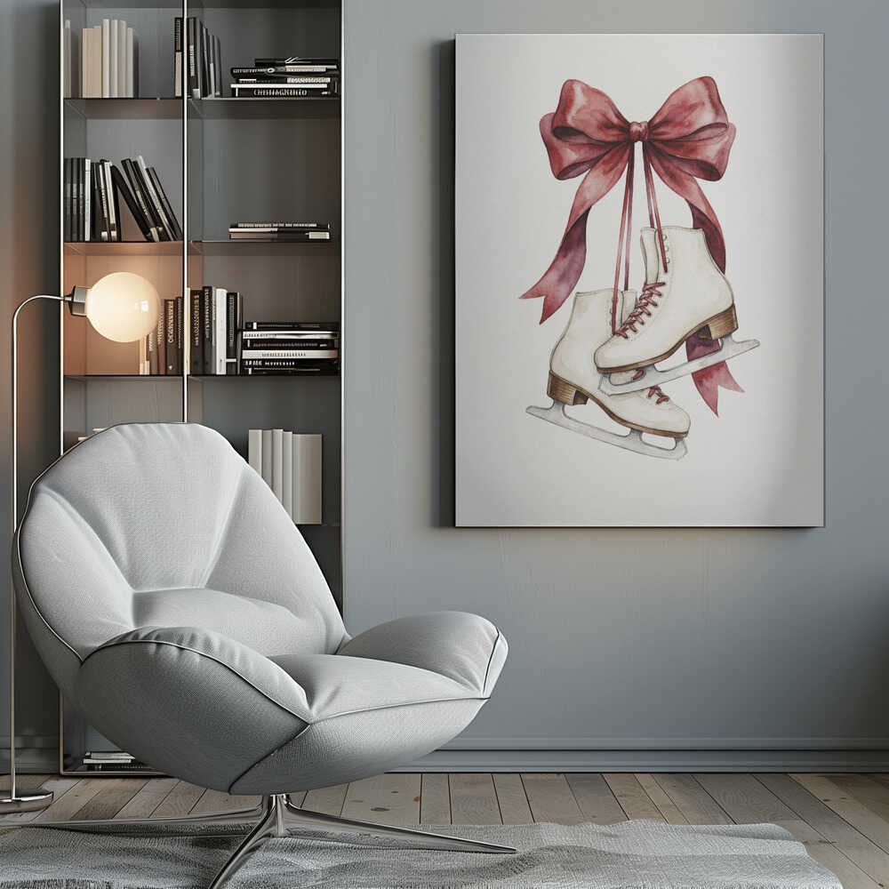 A watercolor painting of a pair of white figure skates with red laces, hanging from a large, elegant red ribbon tied in a bow against a plain white background. Print