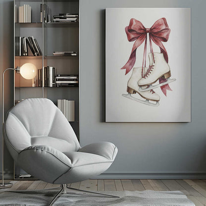 A watercolor painting of a pair of white figure skates with red laces, hanging from a large, elegant red ribbon tied in a bow against a plain white background. Print