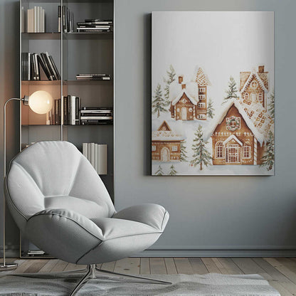 A watercolor painting of a whimsical gingerbread village covered in snow. The detailed houses are decorated with white icing and are surrounded by small pine trees, all set against a clean white background and framed in black. Poster
