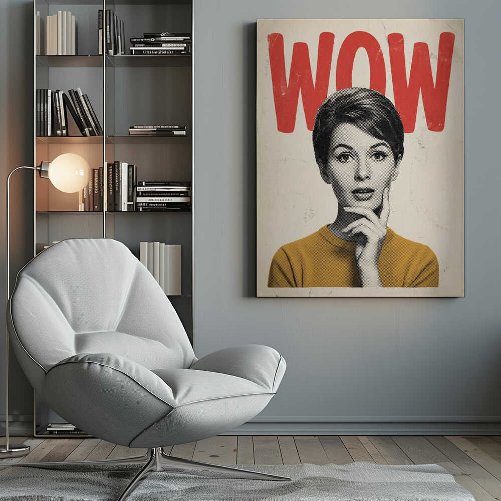 Pop art poster of a surprised woman in a yellow sweater with the word 'WOW' in red text.