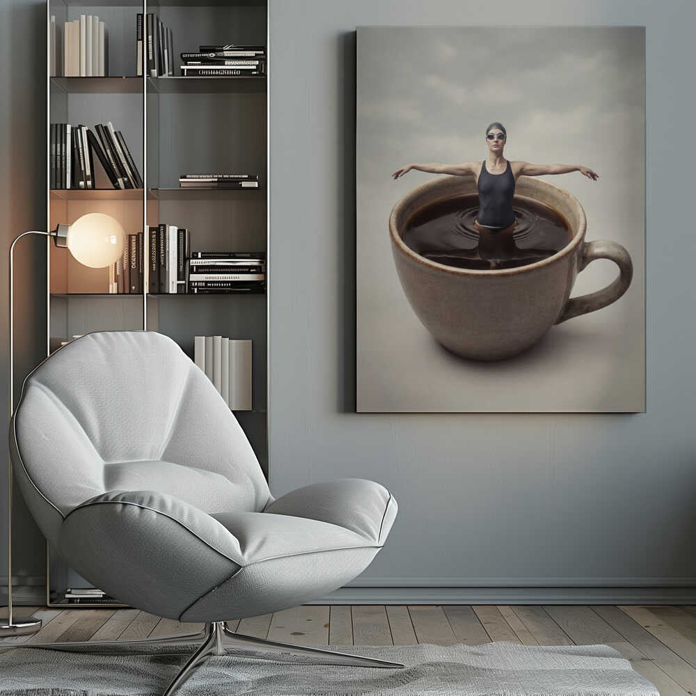 Surreal art print of a woman in a swimsuit swimming in a giant cup of coffee.