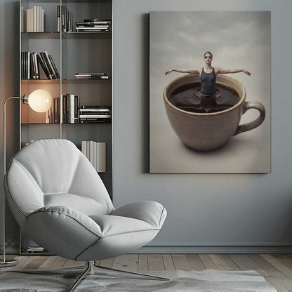 Surreal art print of a woman in a swimsuit swimming in a giant cup of coffee.