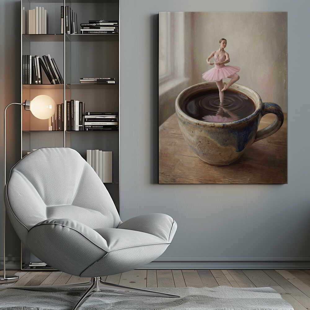 A small ballerina in a pink tutu dances gracefully in a large cup of black coffee.