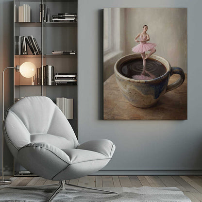 A small ballerina in a pink tutu dances gracefully in a large cup of black coffee.