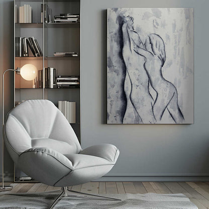 Black and white watercolor painting of an embracing nude couple in a passionate pose, romantic art.