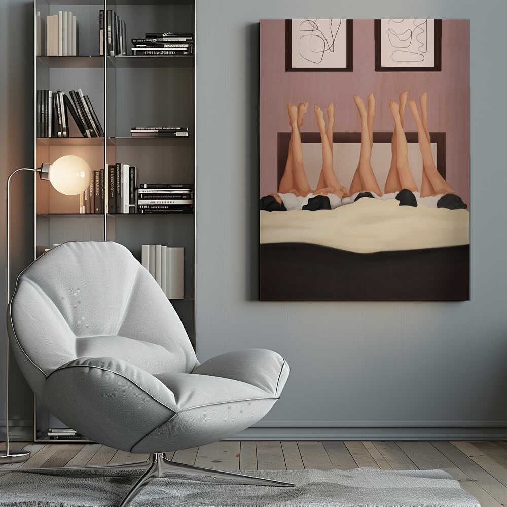 Illustration of several women's legs in the air, relaxing in bed under a duvet in a pink room.