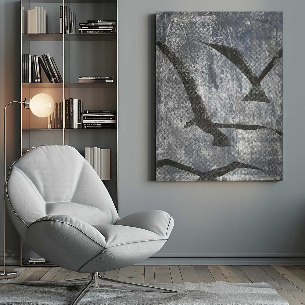 Abstract painting of black bird silhouettes flying against a textured silver background, framed wall art.