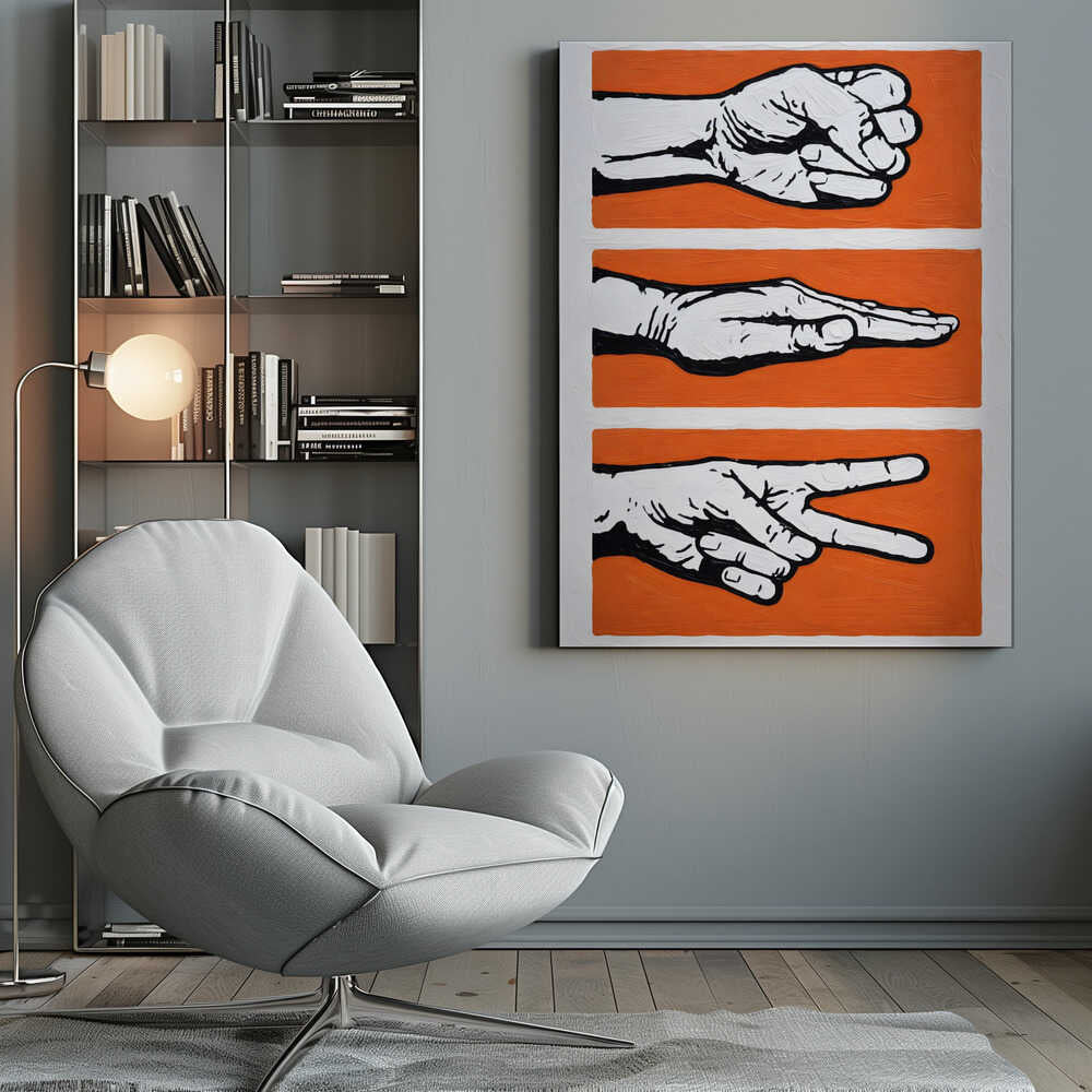 Stylized Rock Paper Scissors game art print, perfect for a game room or office wall.